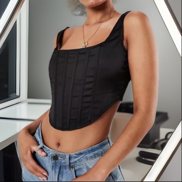 Black Satin Bustier A Structured Corset Front W/A Sexy Zip Up Crop Asymmetrical - Picture 6 of 8